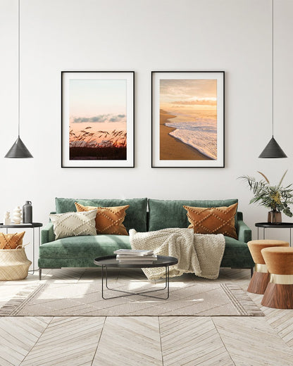 boho eclectic living room decor, warm sunset beach art prints