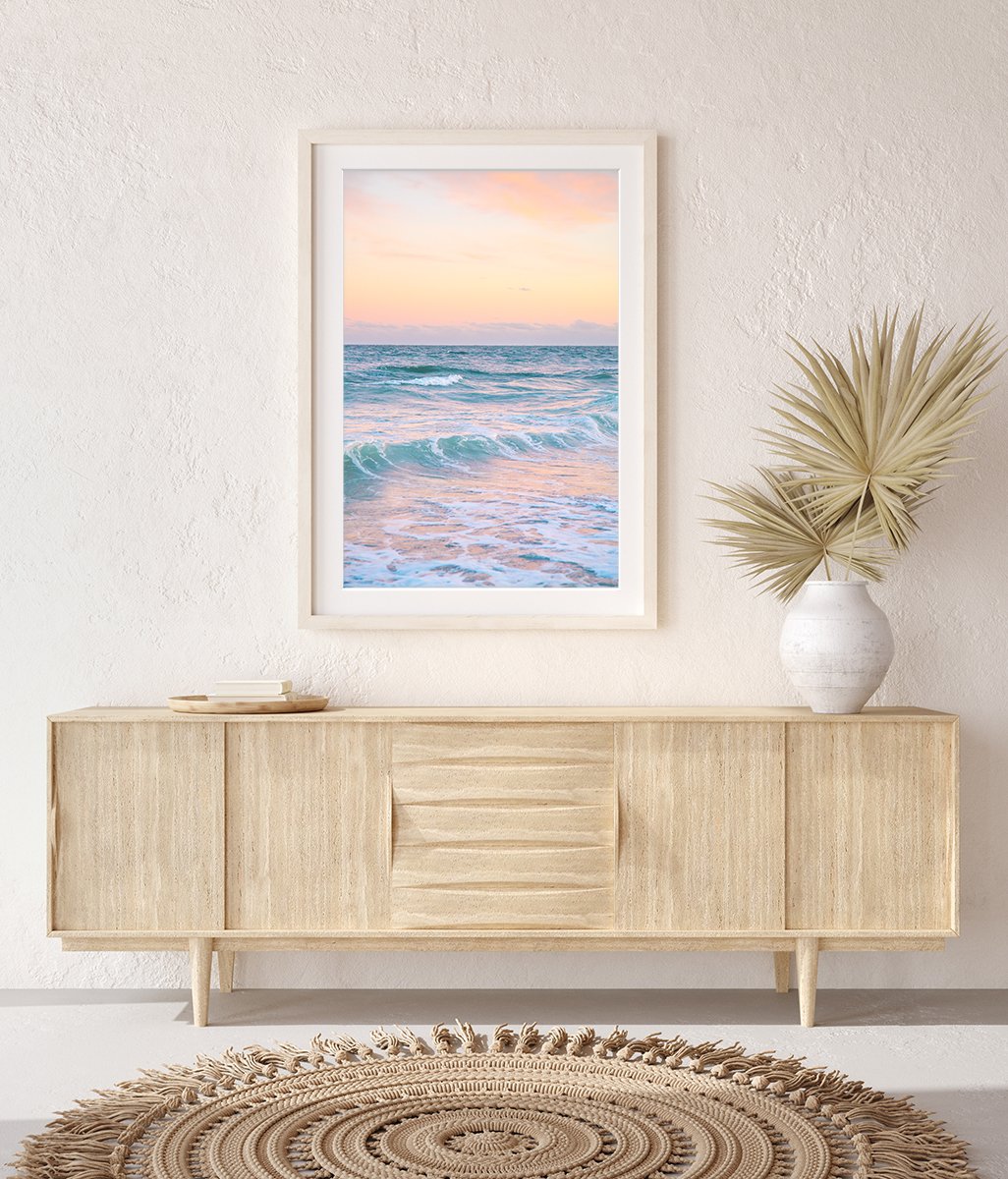 Boho Entryway Decor, Natural Wood Frame Pastel Waves Photograph by Wright and Roam