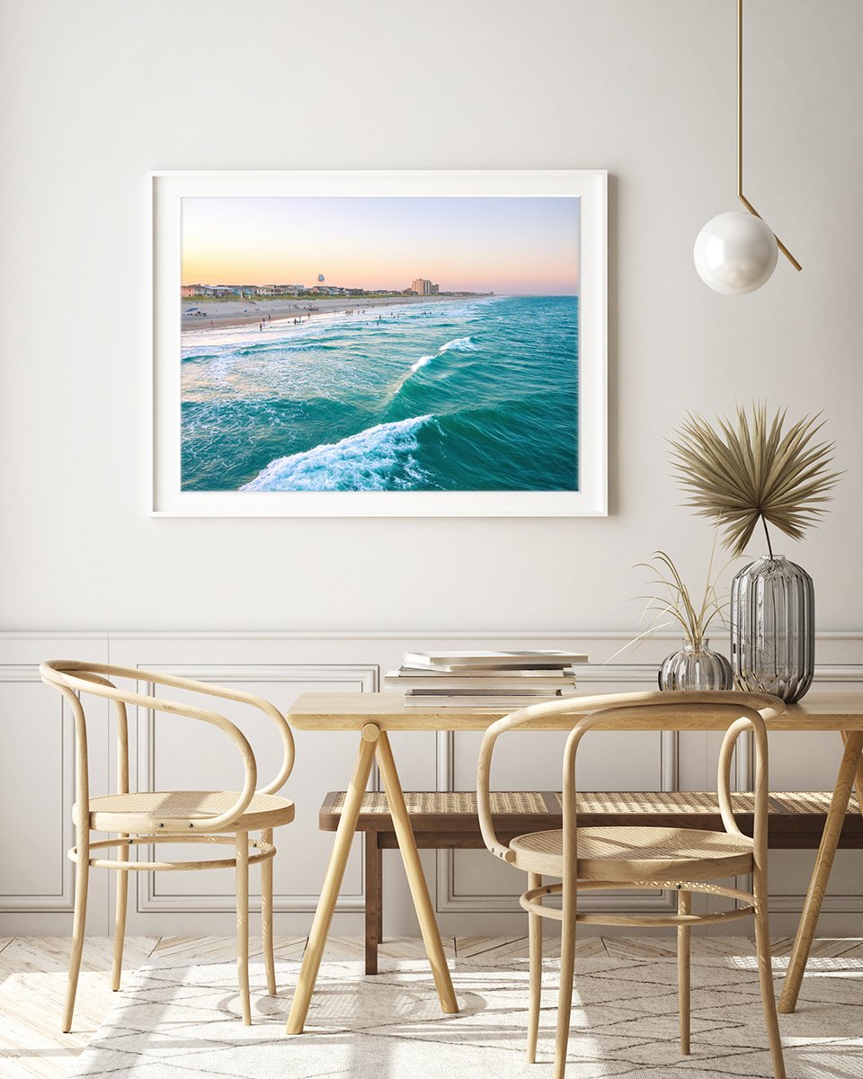 modern coastal dining room decor, teal aerial wrigthsville beach photograph by wright and roam
