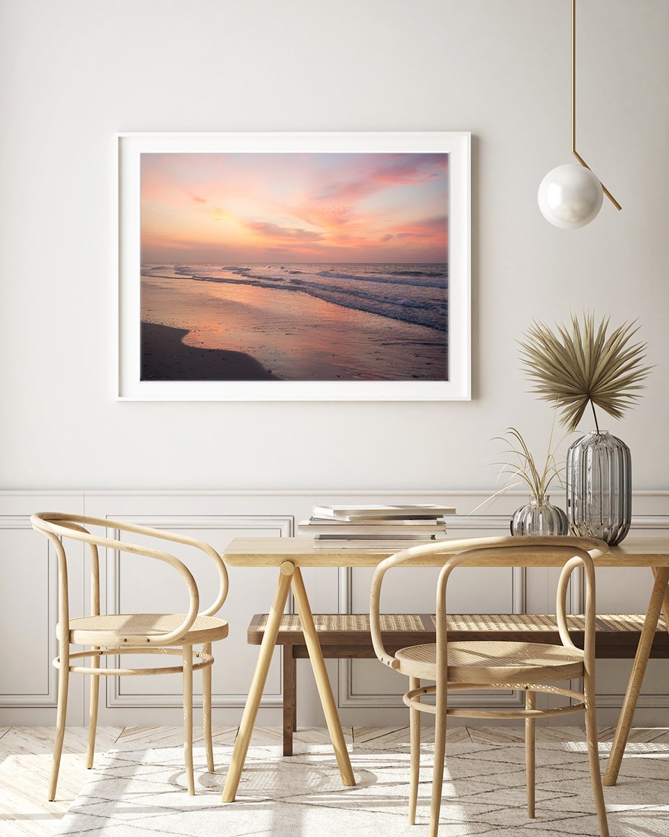 boho modern dining room decor featuring large warm sunset beach photograph by Wright and Roam