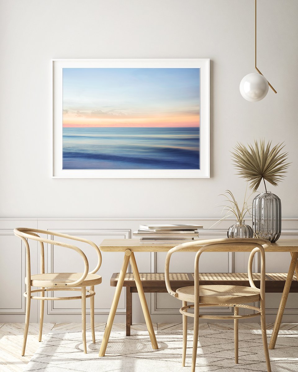 modern coastal dining room decor featuring indigo blue abstract minimal ocean photograph by Wright and Roam