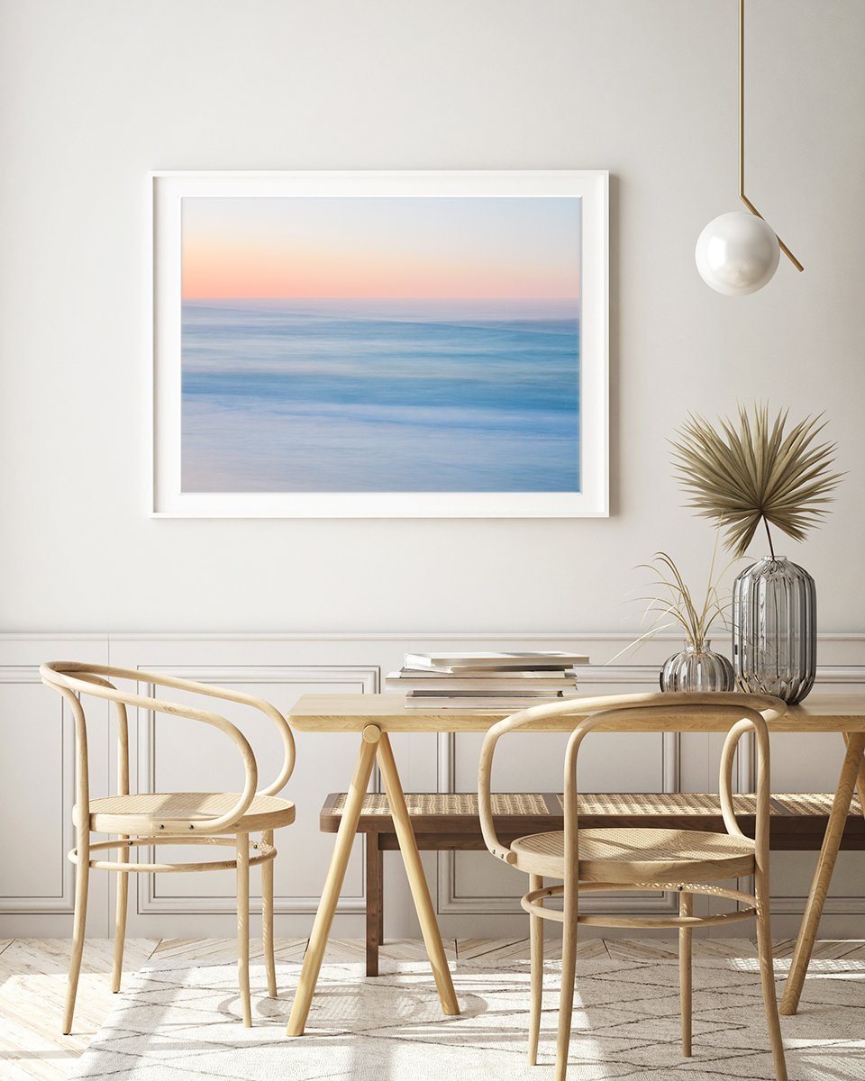modern coastal dining room decor, abstract minimal beach photograph by Wright and Roam