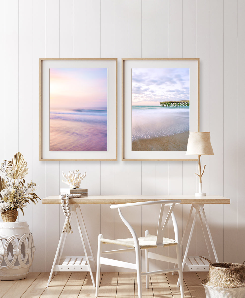 boho office decor, set of 2 pastel pink sunrise beach photographs