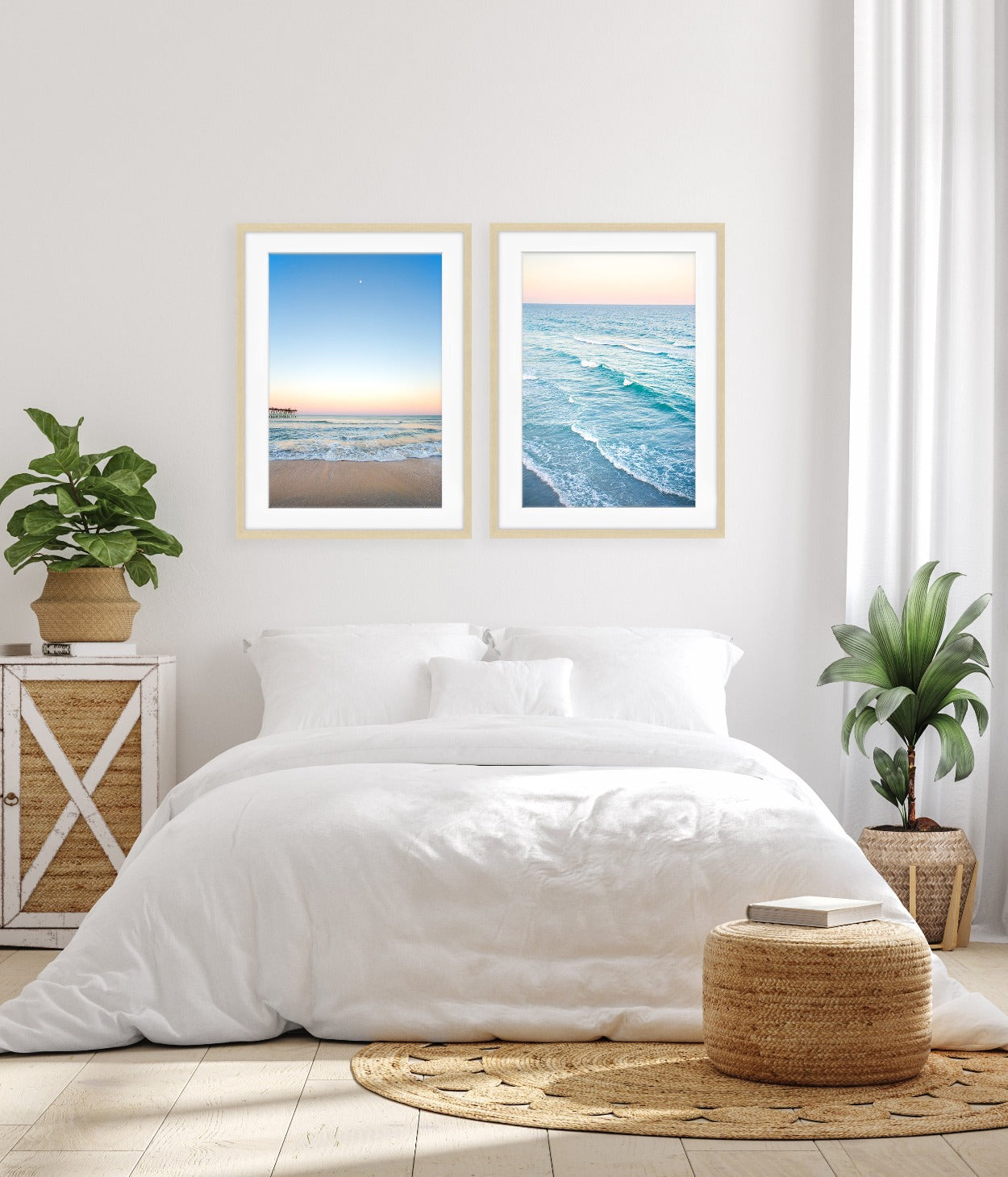 bright white bedroom decor, set of 2 blue beach photographs by Wright and Roam