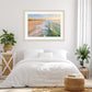 bright bedroom decor, framed coastal wall art