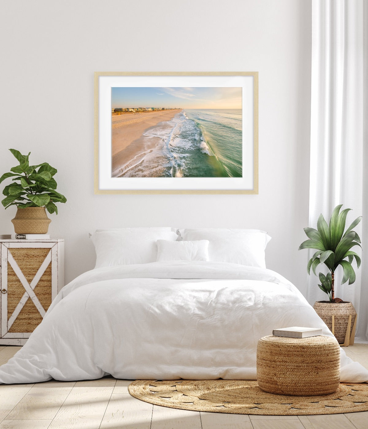 bright bedroom decor, framed coastal wall art
