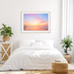 bright white bedroom decor, abstract colorful sunrise beach photograph by Wright and Roam