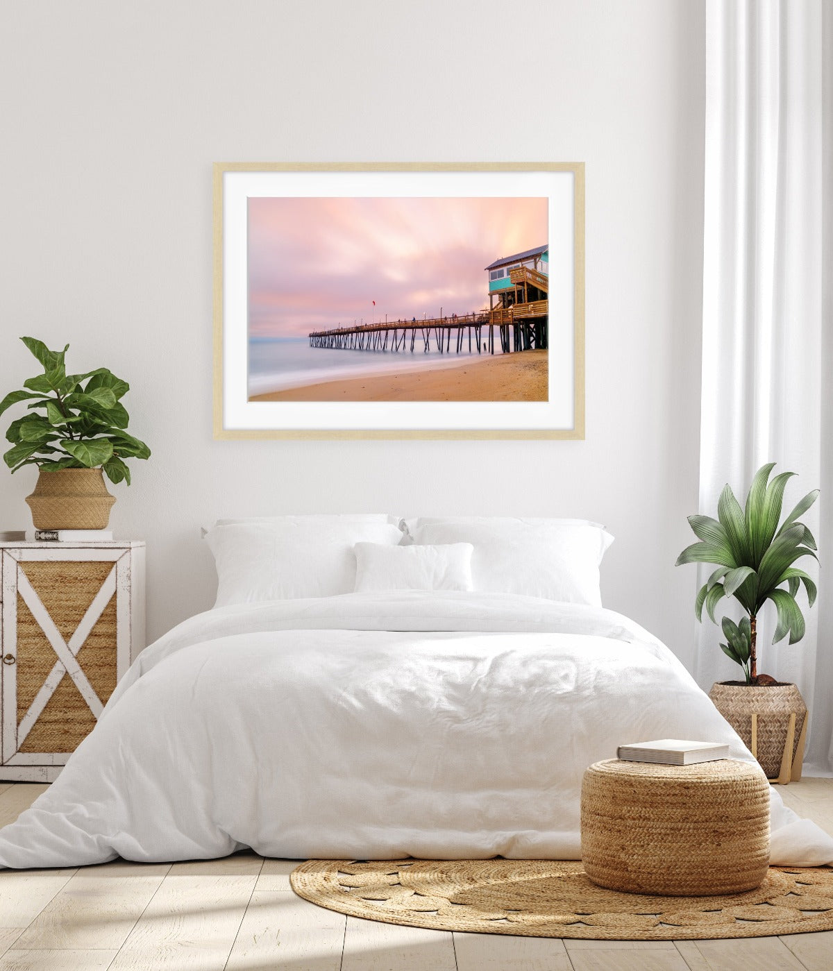 bedroom decor featuring framed sunrise beach wall art photograph by Wright and Roam