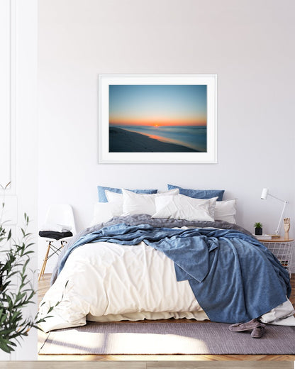 Blue Bedroom Decor, deep blue sunrise beach print by Wright and Roam