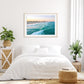bright white bedroom decor, teal aerial Wrightsville beach photograph by Wright and Roam