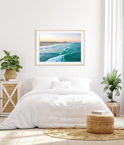 bright white bedroom decor, teal aerial Wrightsville beach photograph by Wright and Roam