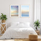 bright white bedroom decor, 2 pastel beach photographs