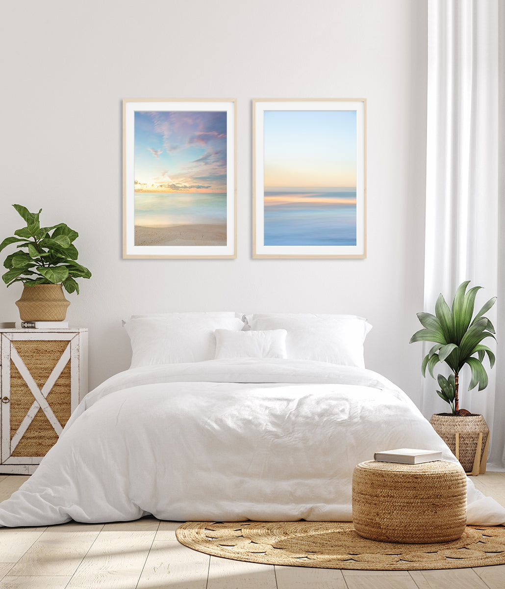 bright white bedroom decor, 2 pastel beach photographs