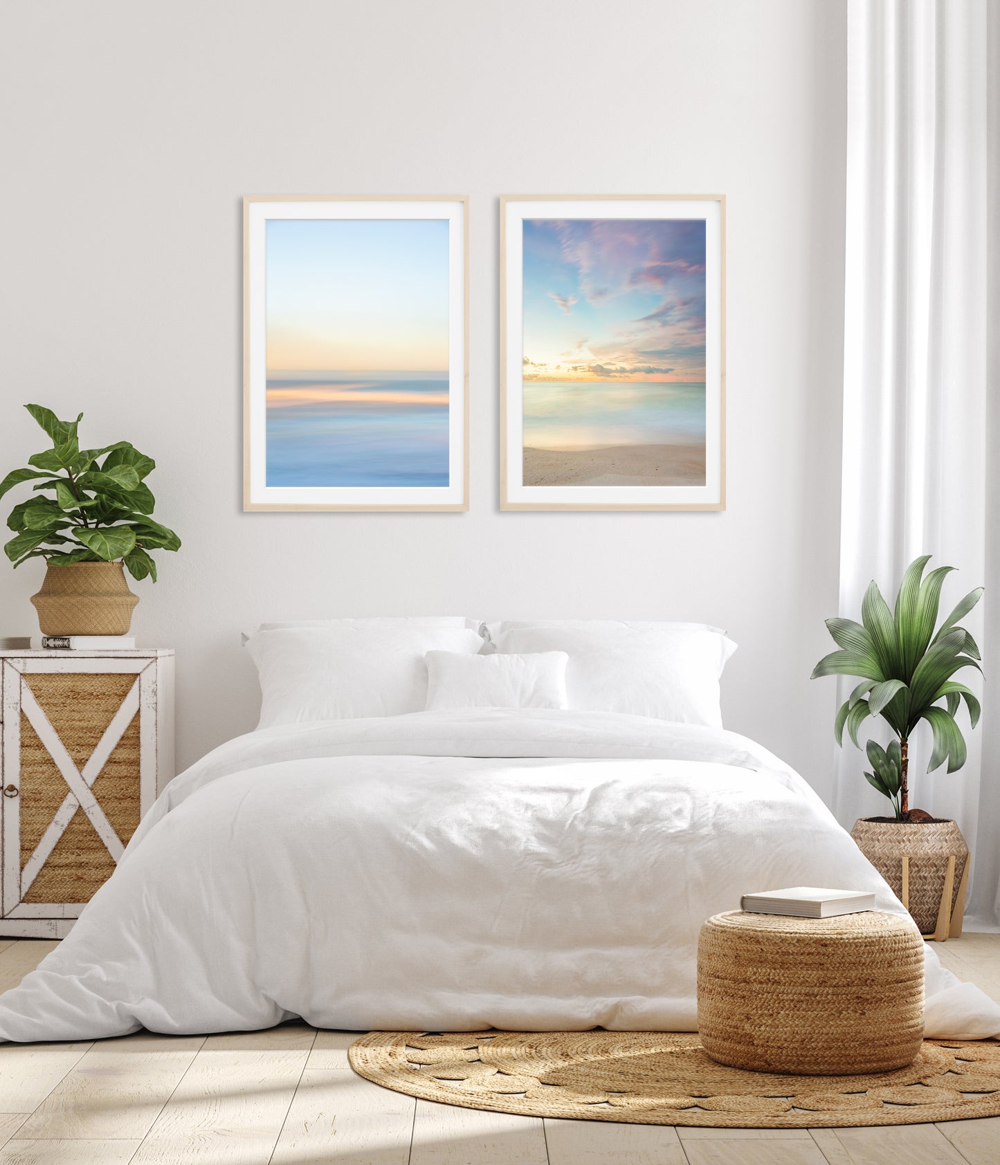 bright white bedroom decor, set of 2 pastel abstract beach photographs