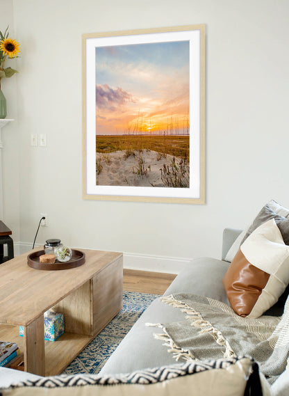 California cool decor, sand dunes sunset framed print