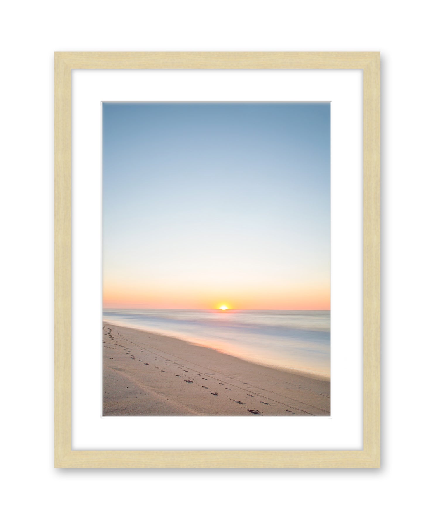 pastel blue sunrise beach print natural wood frame, wright and roam