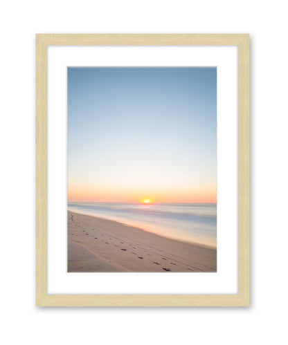 pastel blue sunrise beach print natural wood frame, wright and roam
