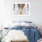 blue bedroom decor, blue pier beach photograph by Wright and Roam
