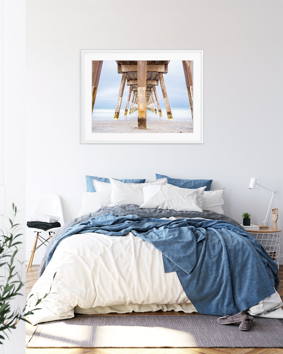 blue bedroom decor, blue pier beach photograph by Wright and Roam
