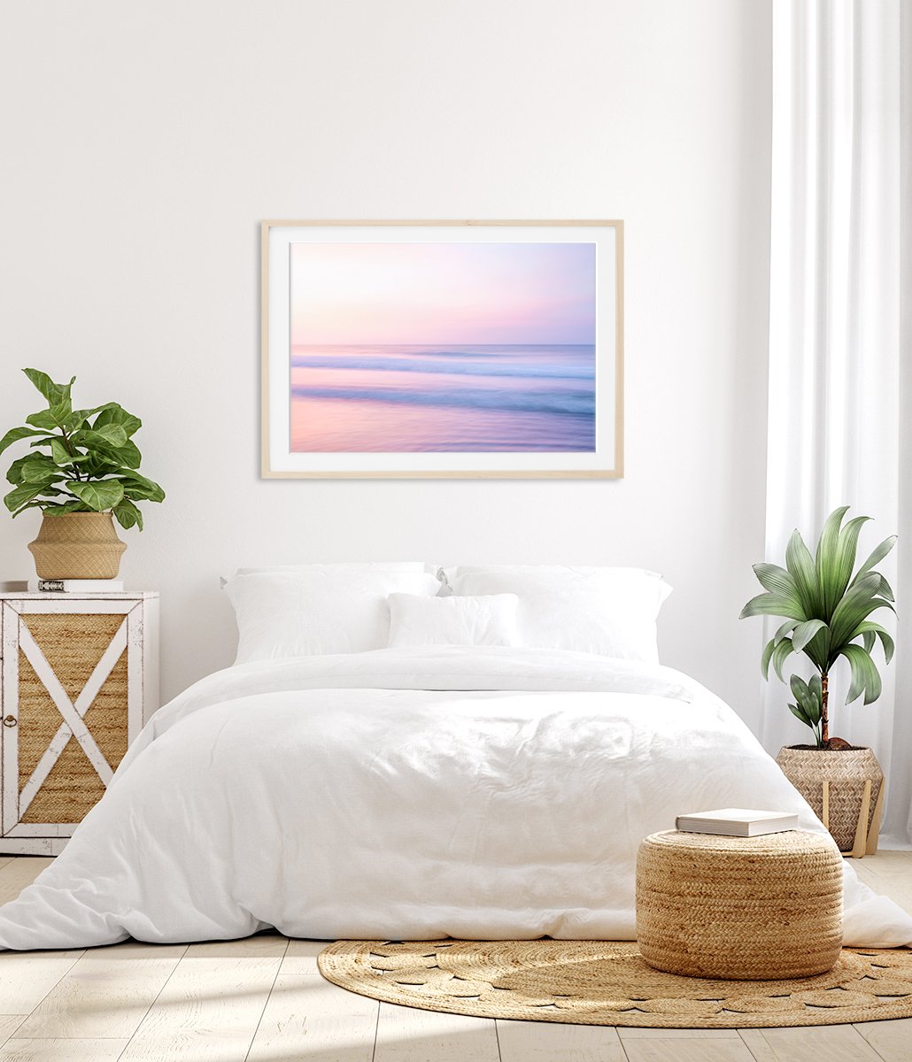 bright white bedroom decor, calming pastel pink minimal sunrise beach photograph by Wright and Roam