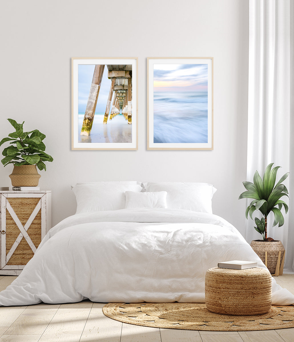 bright coastal bedroom decor, blue beach wall art prints
