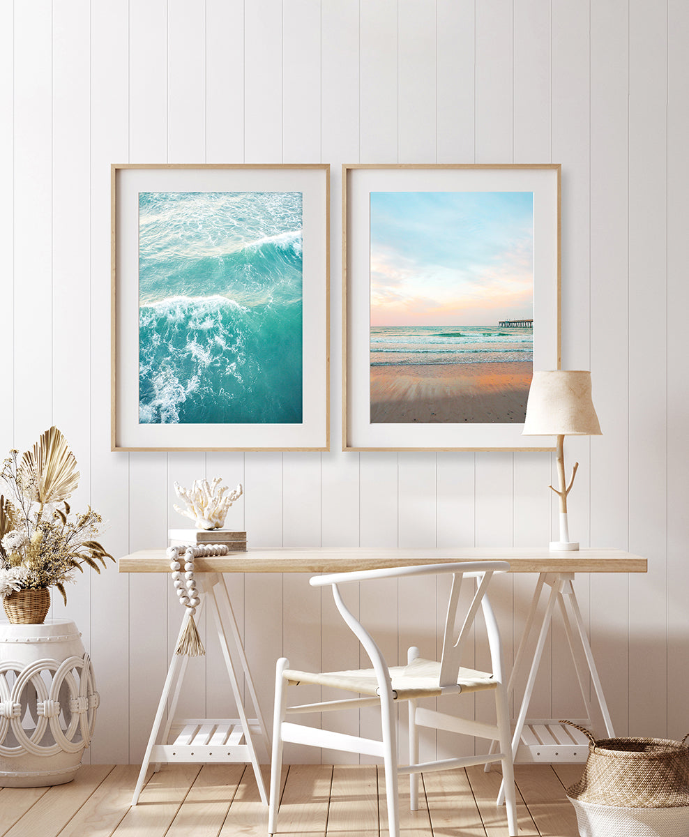 boho coastal office decor, set of 2 blue beach photographs by Wright and Roam