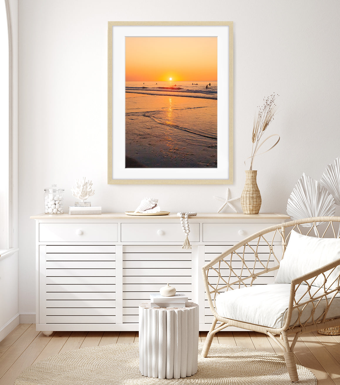 coastal decor featuring golden sunrise beach print