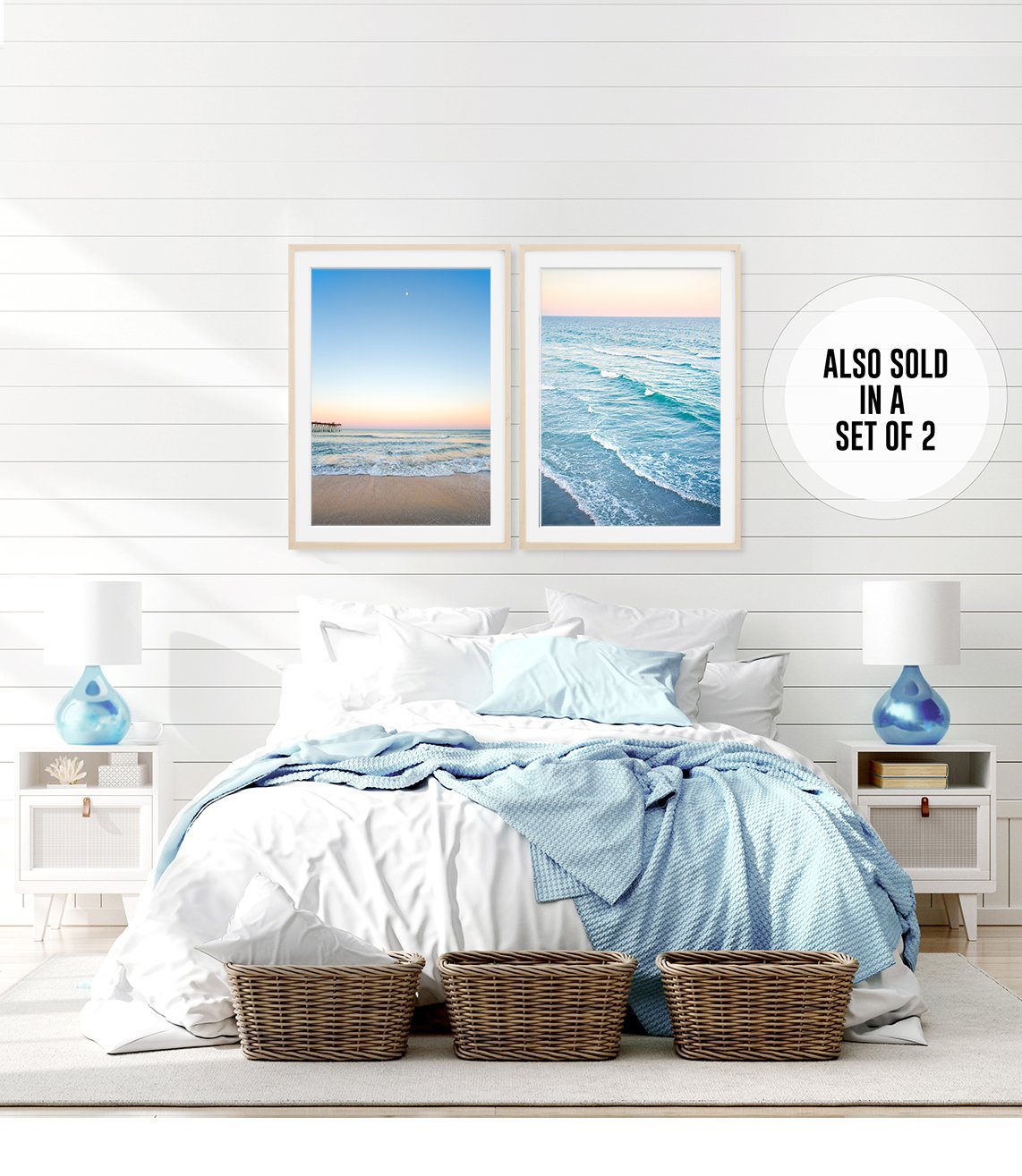 blue coastal bedroom decor, 2 beach photographs