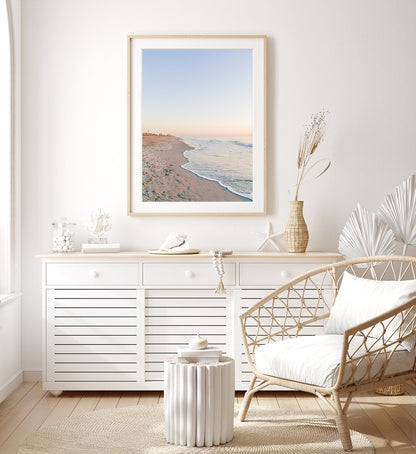 Boho Coastal Bedroom Decor, Pastel Blue Sunrise Beach Photograph by Wright and Roam