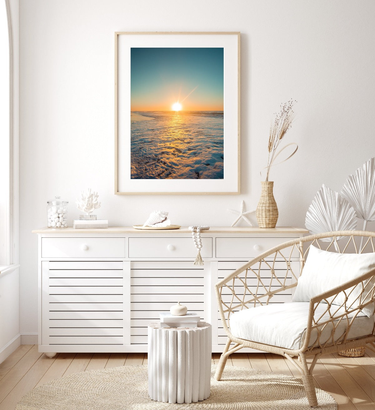 coastal bedroom decor, teal sunrise beach photograph