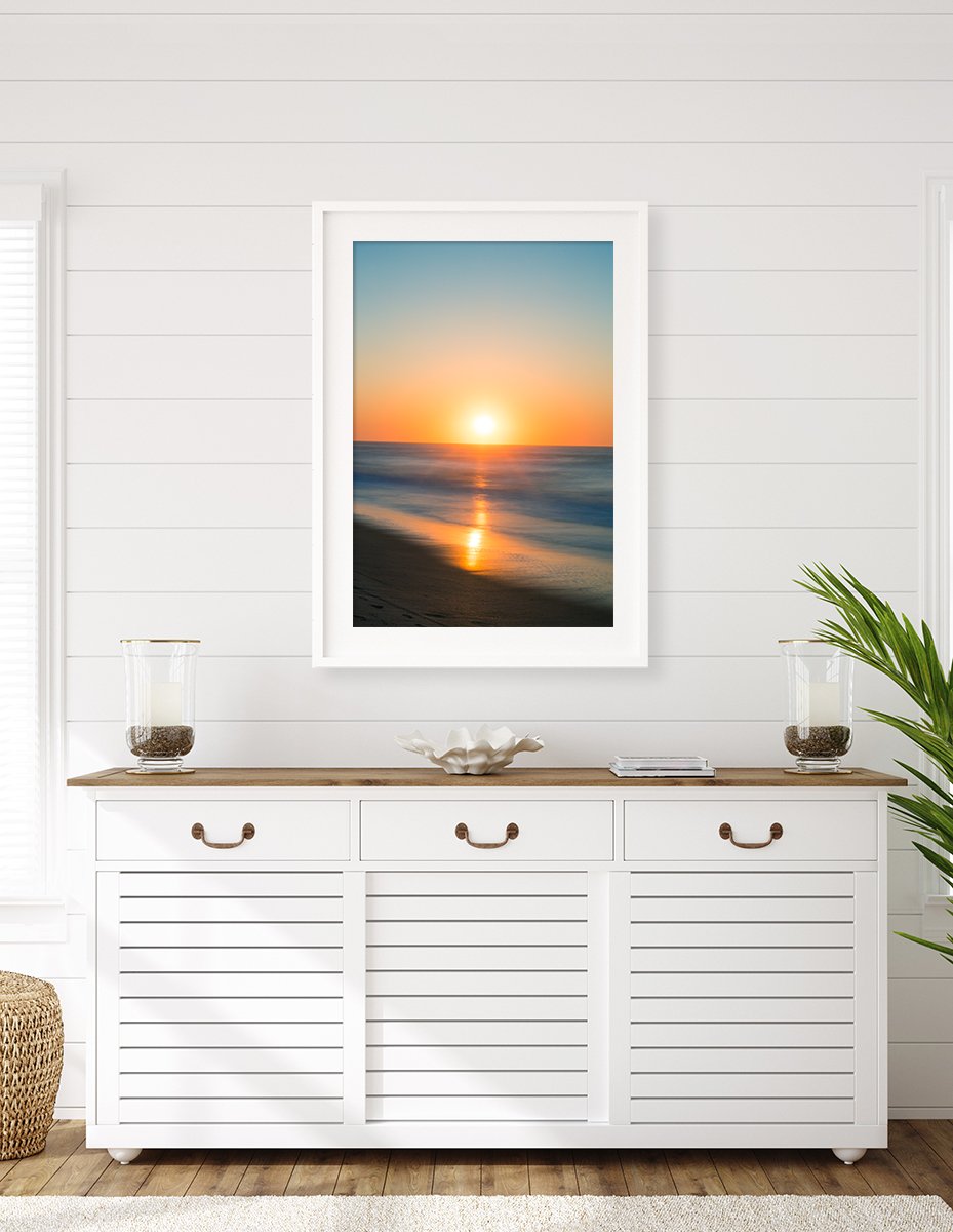 coastal living room decor, white frame sunrise beach photograph