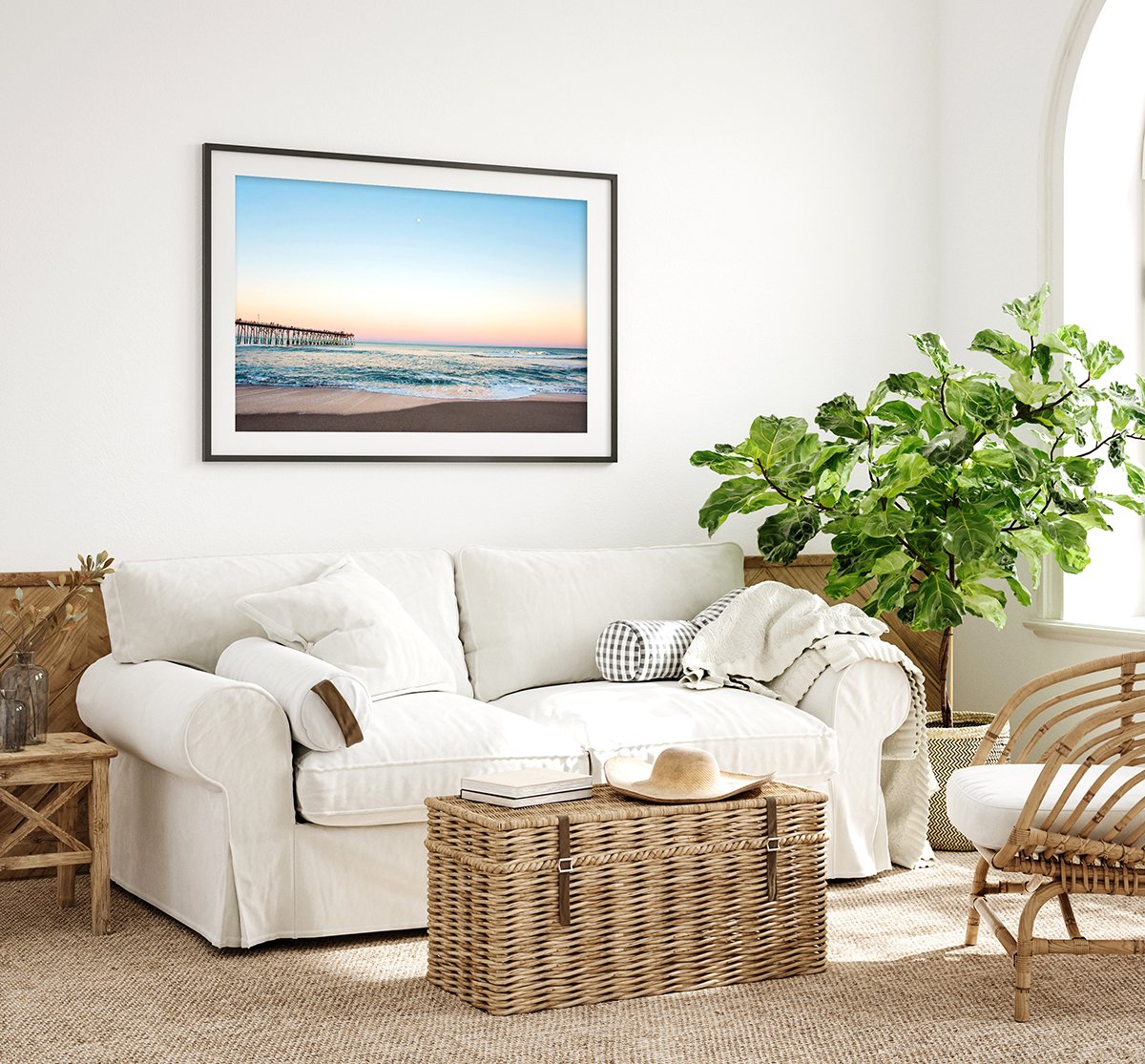 coastal living room decor, blue sunset beach photograph by Wright and Roam