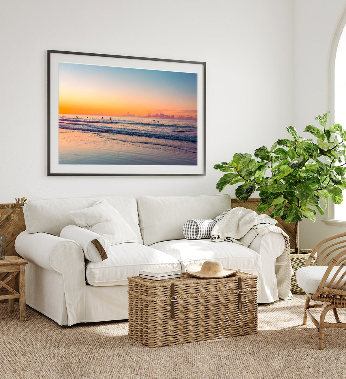 coastal living room decor, large framed sunrise beach photograph