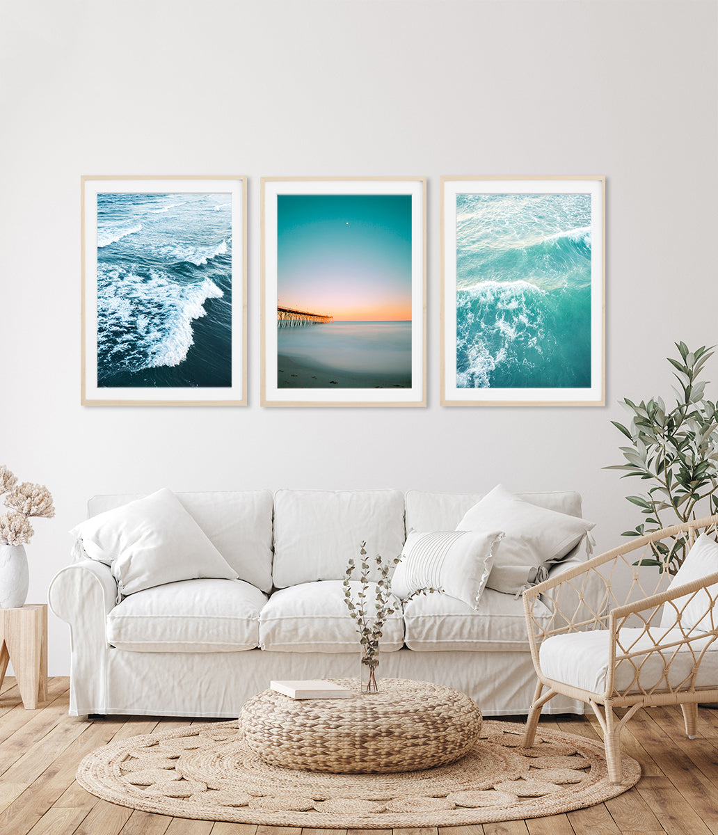 boho coastal living room decor, wood framed set of 3 beach photographs by Wright and Roam