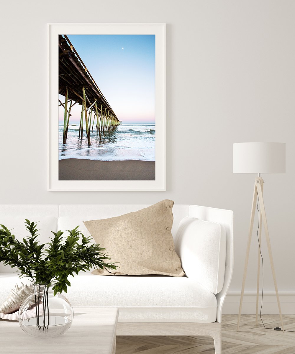 coastal living room decor blue pier photograph