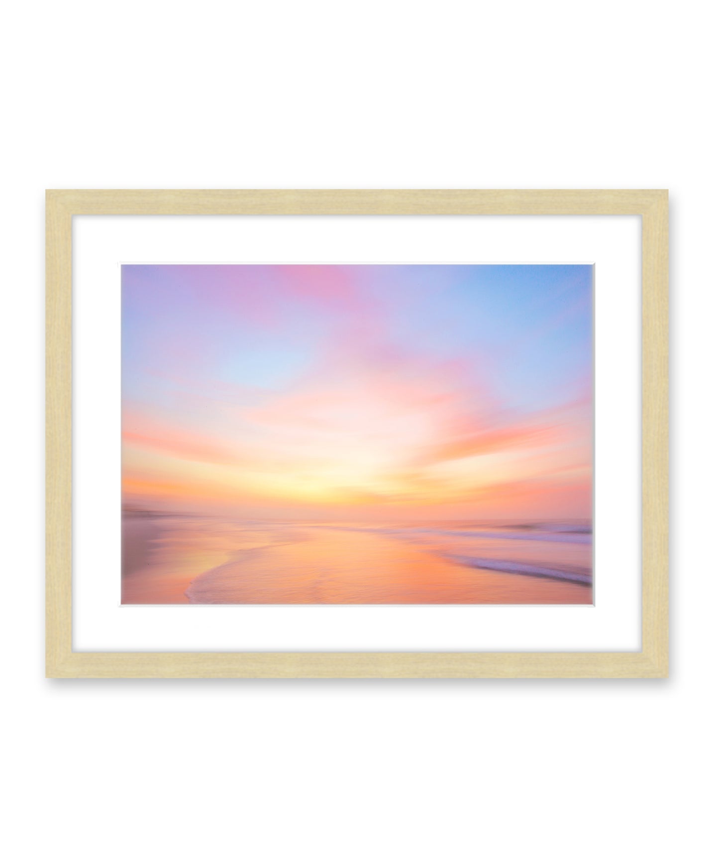 colorful abstract sunrise beach photograph, natural wood frame by Wright and Roam