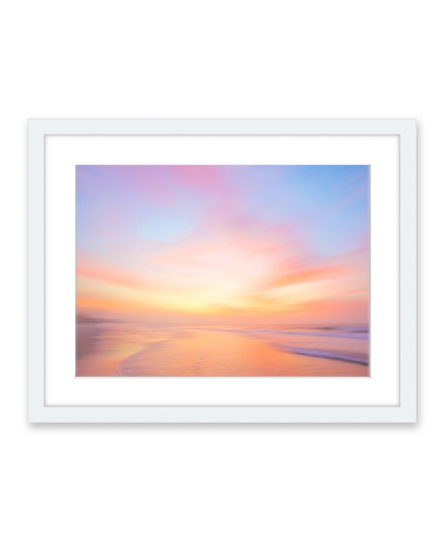 colorful abstract sunrise beach photograph, white frame by Wright and Roam