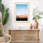 boho surf shack decor, blue sunset beach photograph framed