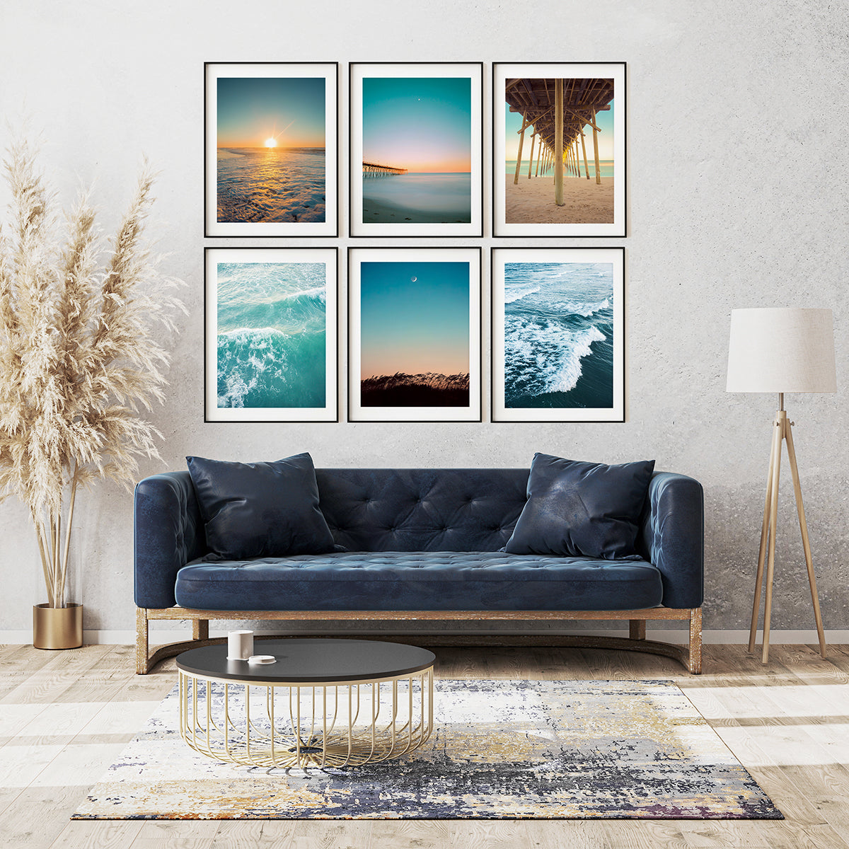 boho living room decor, set of 6 gallery wall teal beach photographs