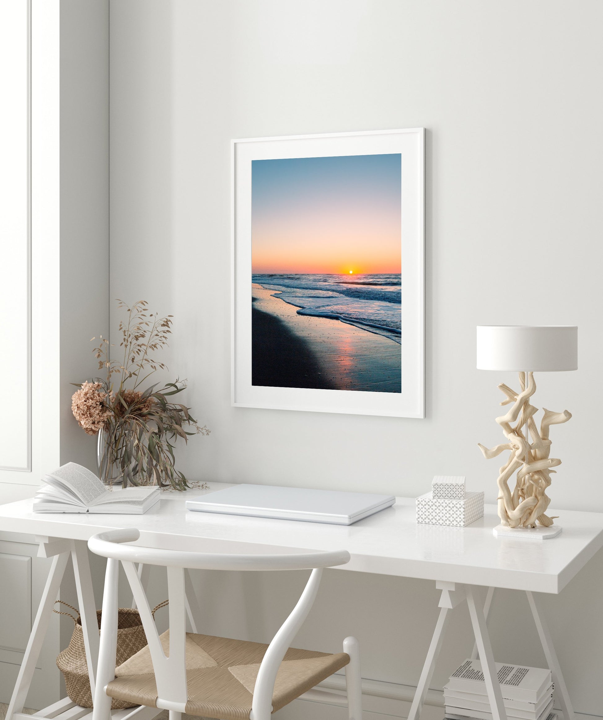 white desk office decor framed blue beach art print