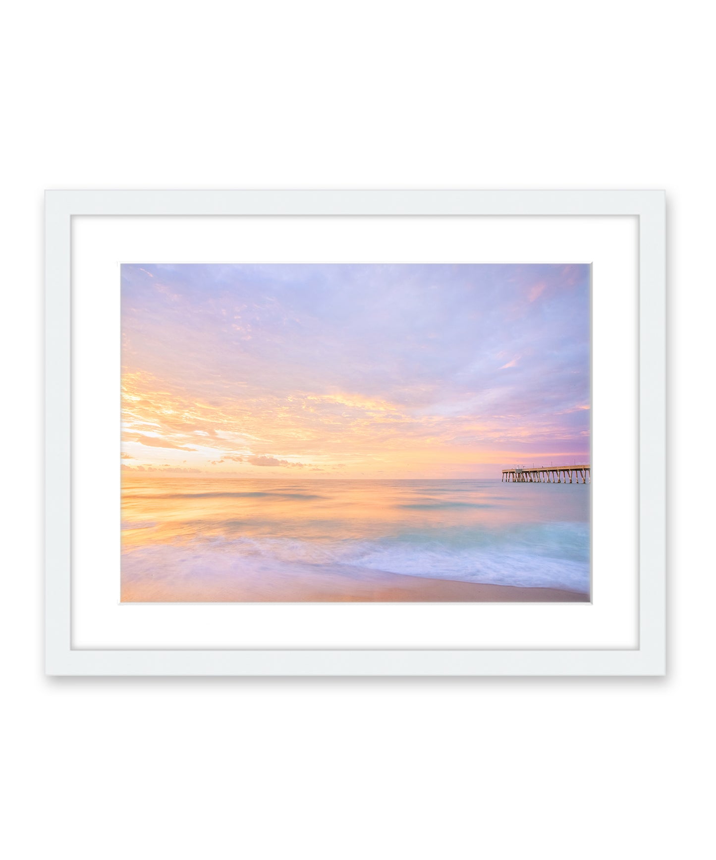 colorful pastel purple and blue sunrise Wrightsville beach photograph, white frame by Wright and Roam