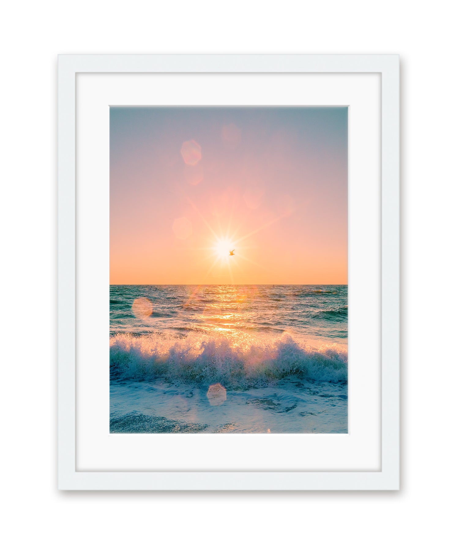 colorful sunflare beach photograph white frame