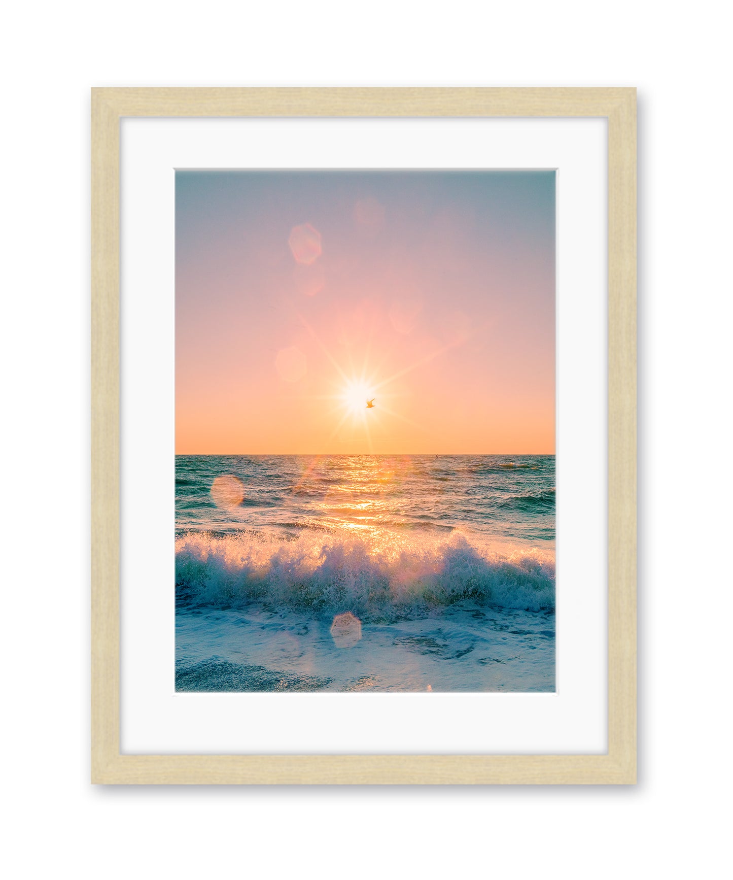colorful sunflare beach photograph wood frame