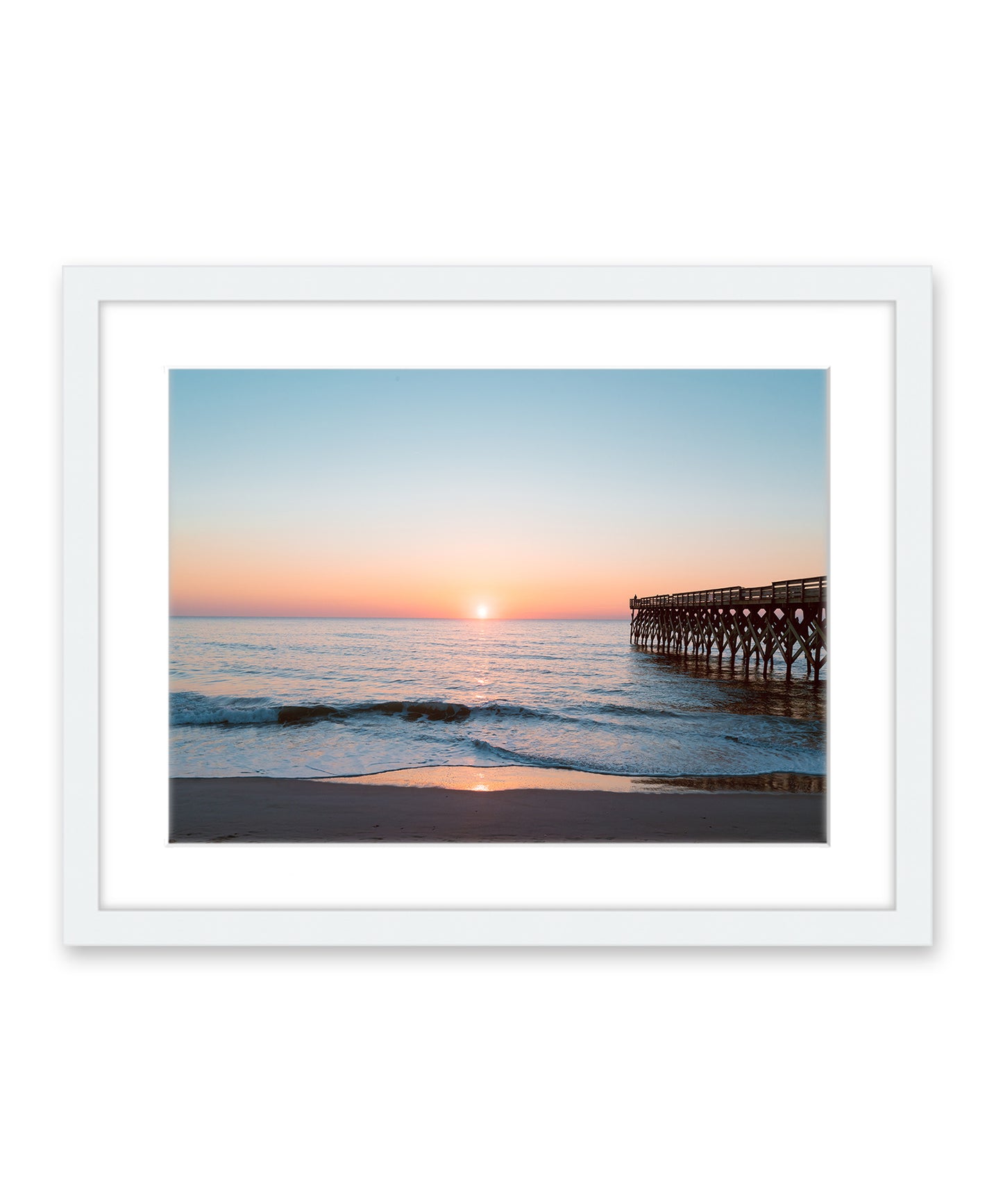 Teal Blue Sunrise Wrightsville Beach Photograph, White Wood by Wright and Roam