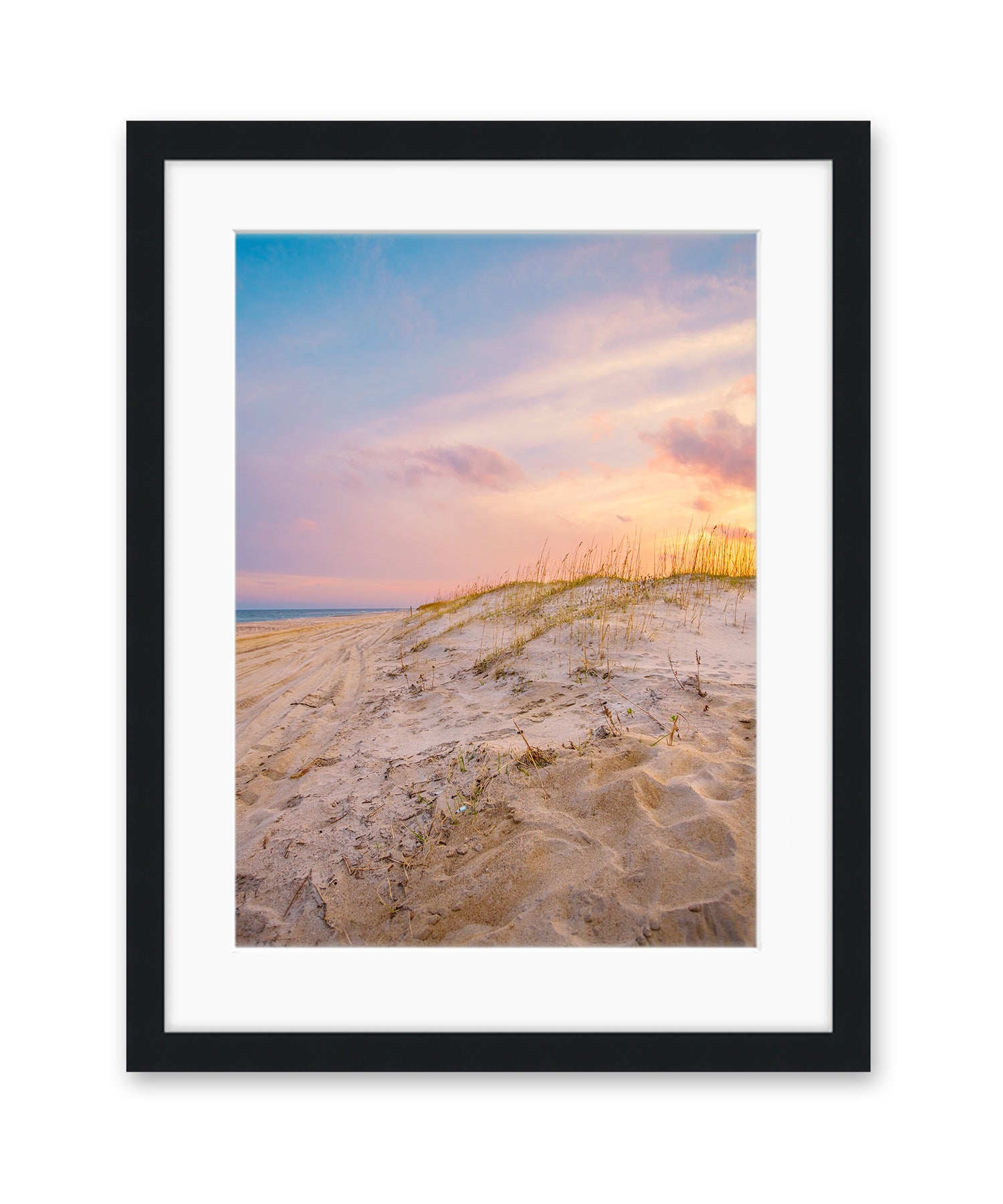sunset beach sand dunes, black frame 