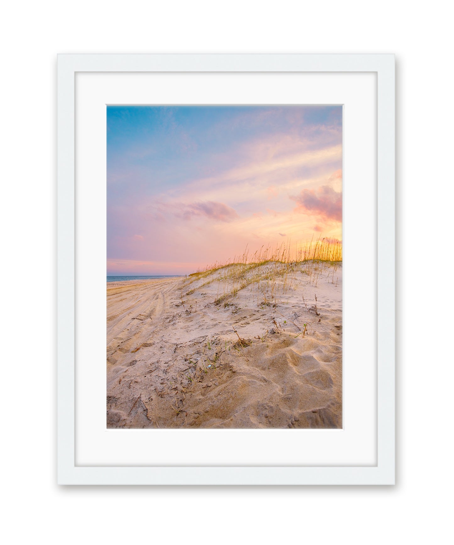 sunset beach sand dunes, white frame 