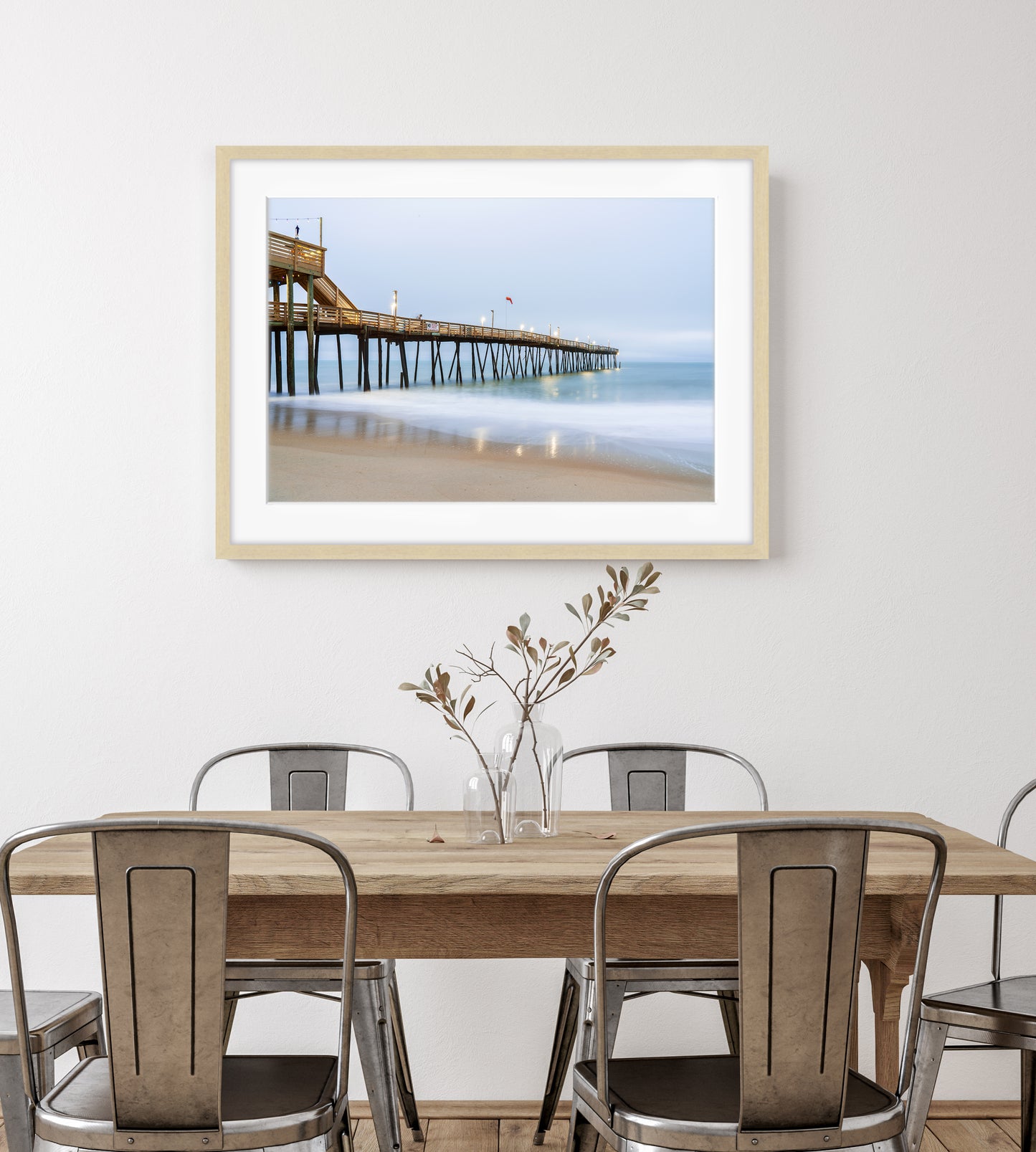dining room decor featuring framed blue pier wall art photograph by Wright and Roam