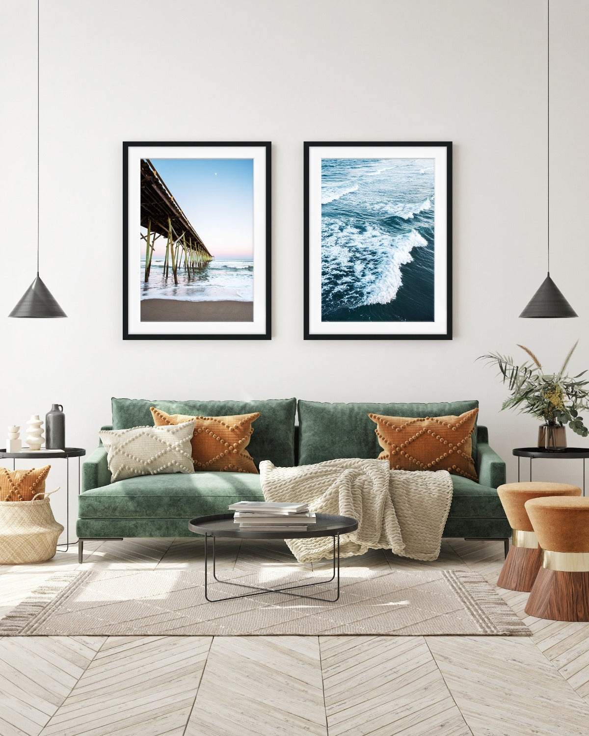 boho eclectic living room decor, set of 2 blue beach photographs