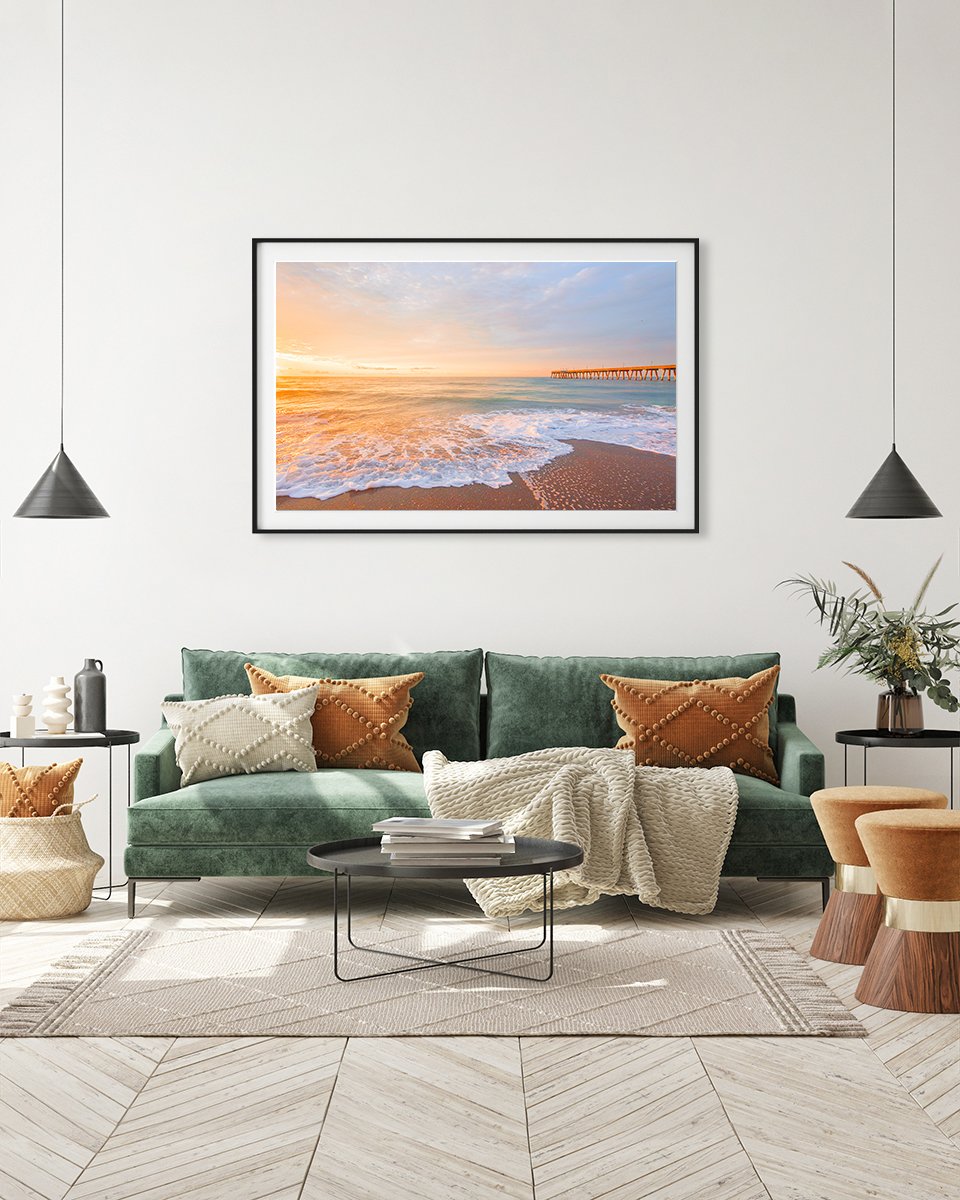 Boho Eclectic Living Room Decor, Colorful Sunrise Beach Photograph by Wright and Roam