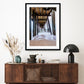 Modern entryway decor featuring large framed beach wall art by Wright and Roam